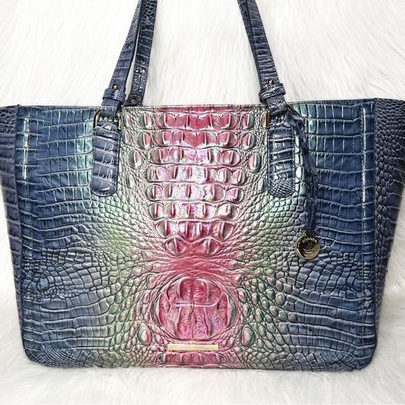 SOLD-Brahmin Iridescent Oil Slick Ombre Blue Pink Croc Leather Shoulder Bag - Picture 11 of 12